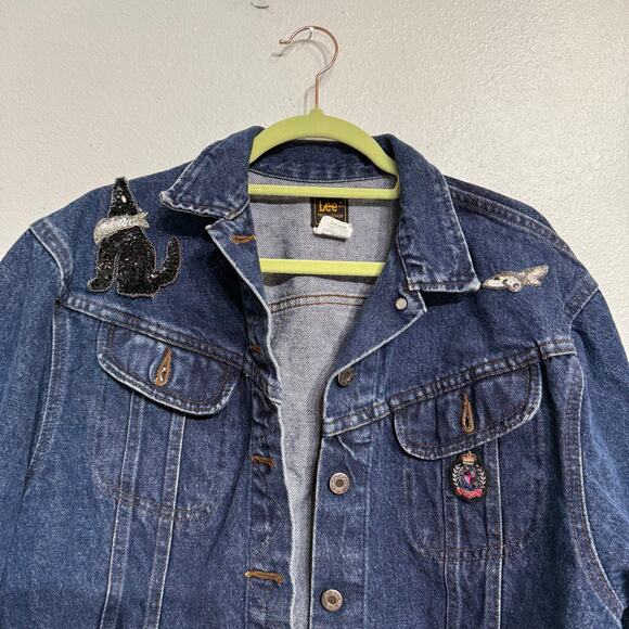 Lee Blue Denim I Heart Texas  Patch Vintage Jean Jacket Sz L - Picture 4 of 13